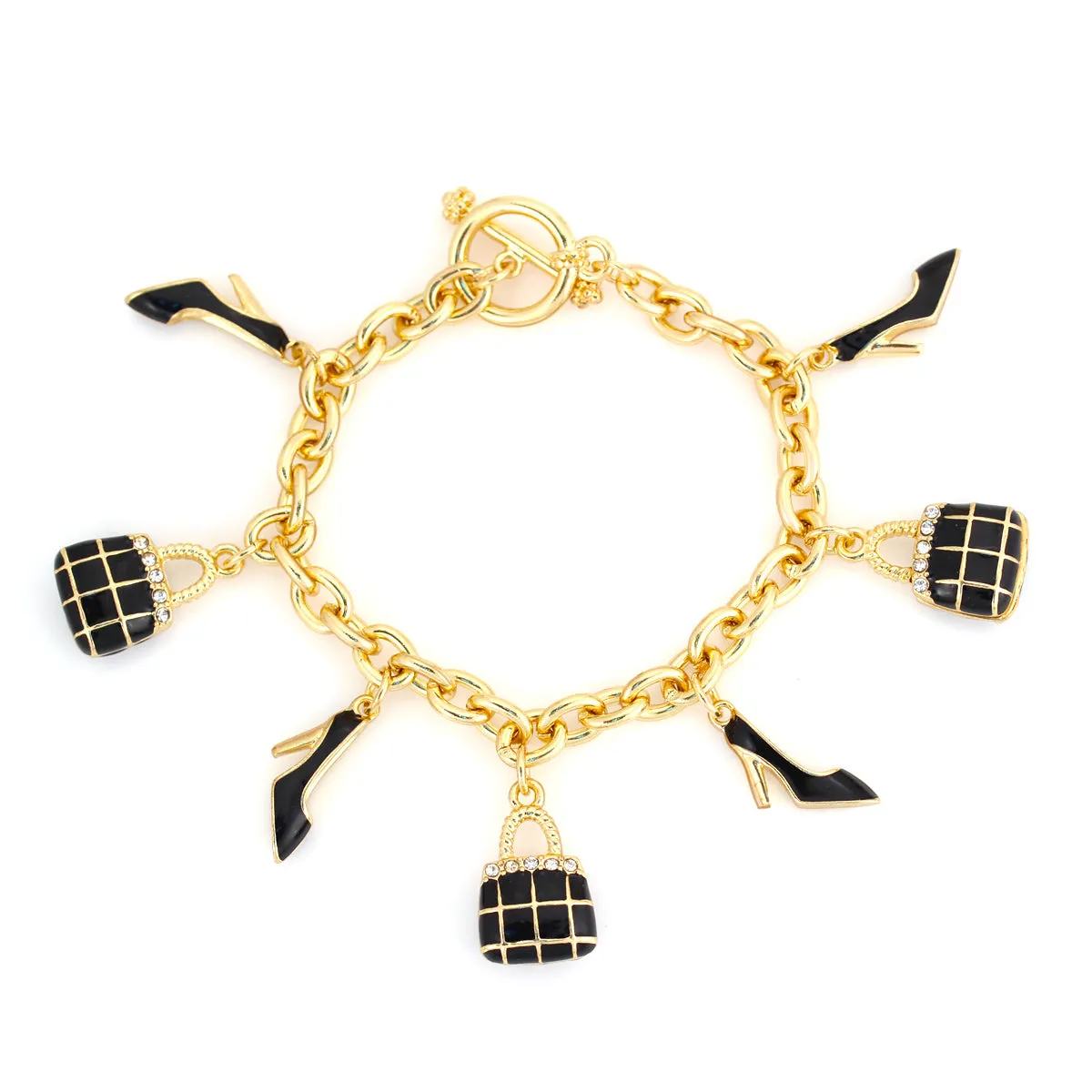 HNB86111GDBL GOLD CRYSTAL BLACK CHARMS  BRACELETS (UC9)