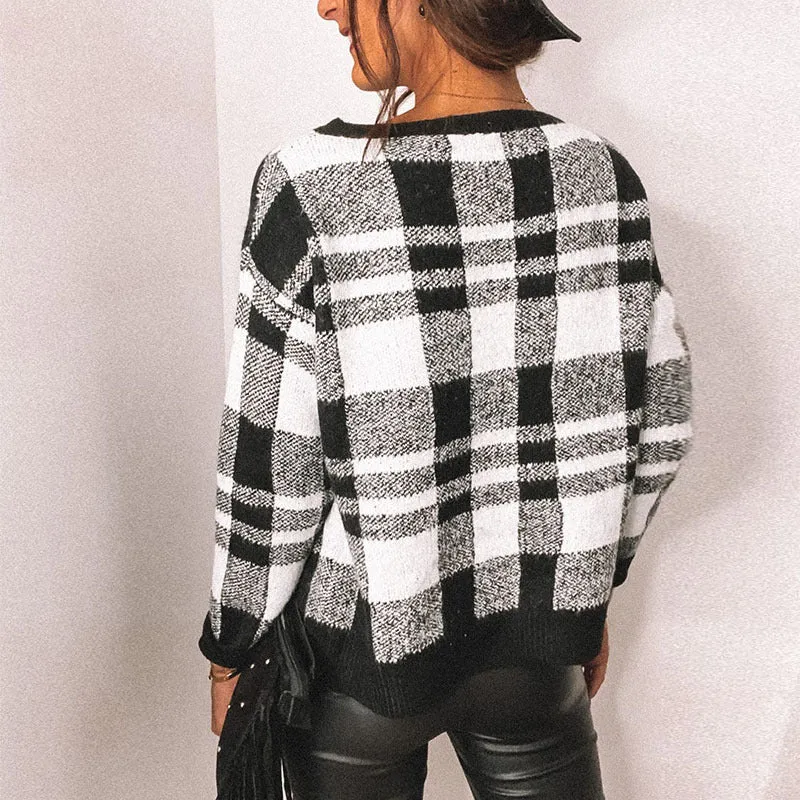 Houndstooth Round Collar Knit Plaid Blouses