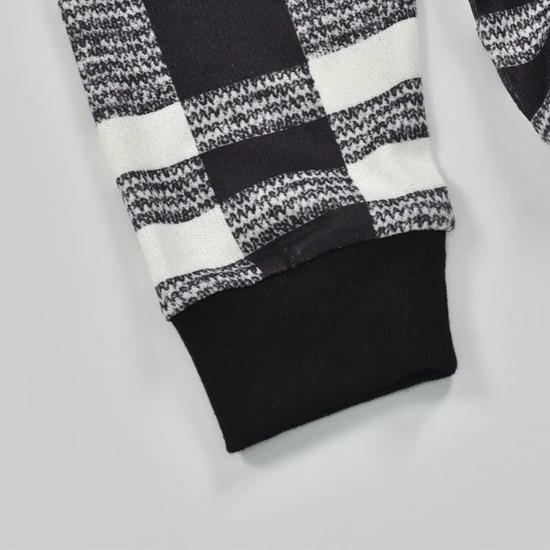 Houndstooth Round Collar Knit Plaid Blouses