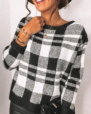Houndstooth Round Collar Knit Plaid Blouses
