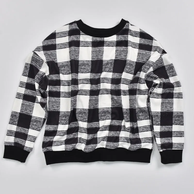 Houndstooth Round Collar Knit Plaid Blouses