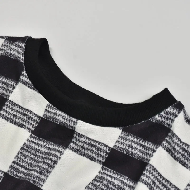 Houndstooth Round Collar Knit Plaid Blouses
