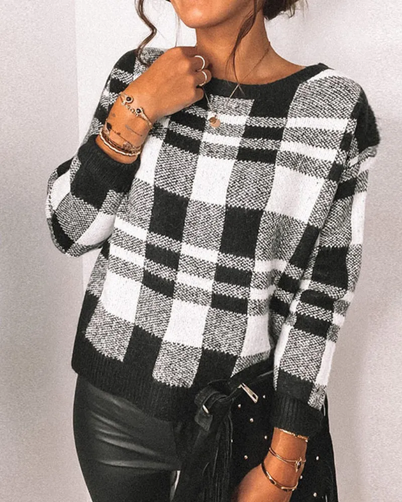 Houndstooth Round Collar Knit Plaid Blouses