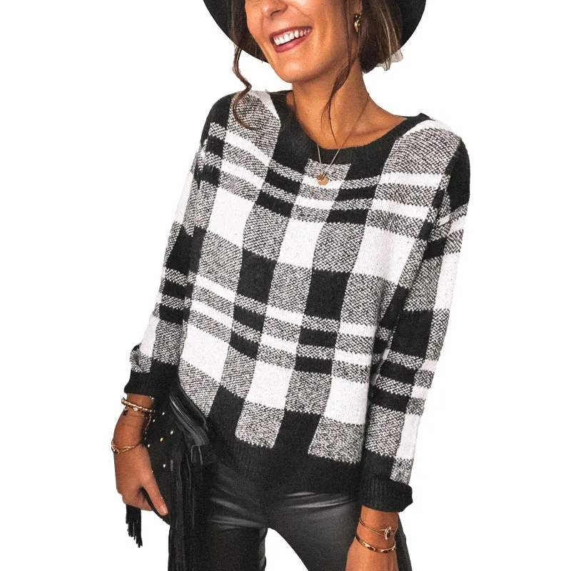 Houndstooth Round Collar Knit Plaid Blouses