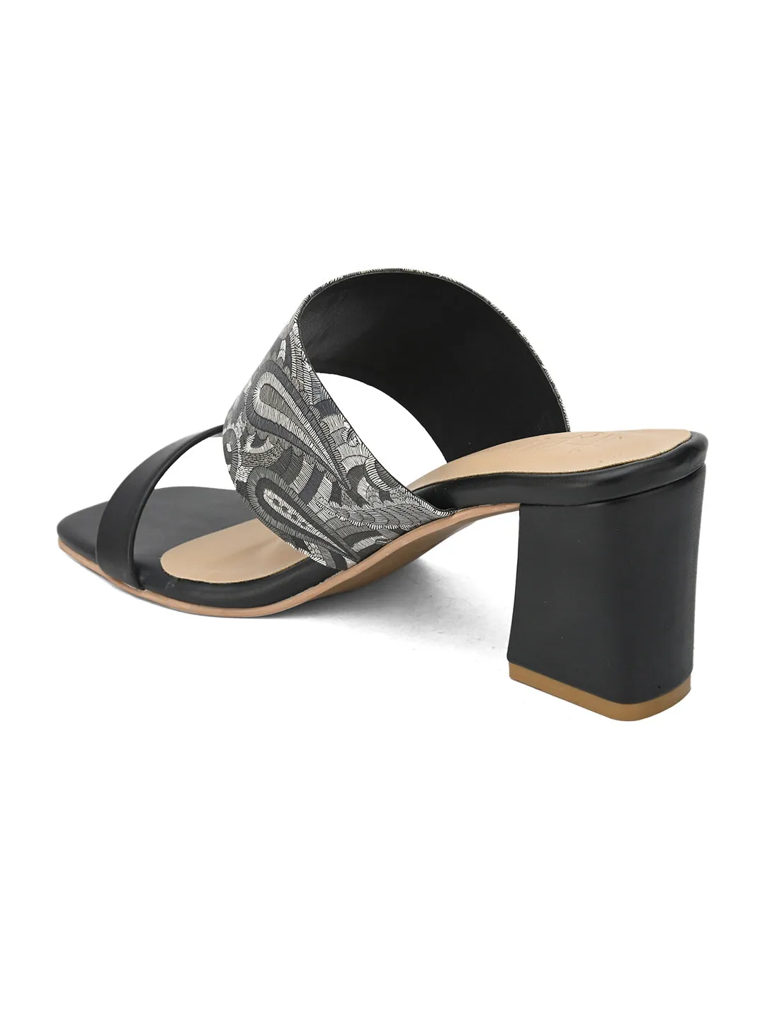 Hydes N Hues Paisely Printed Black & Grey Block Heel