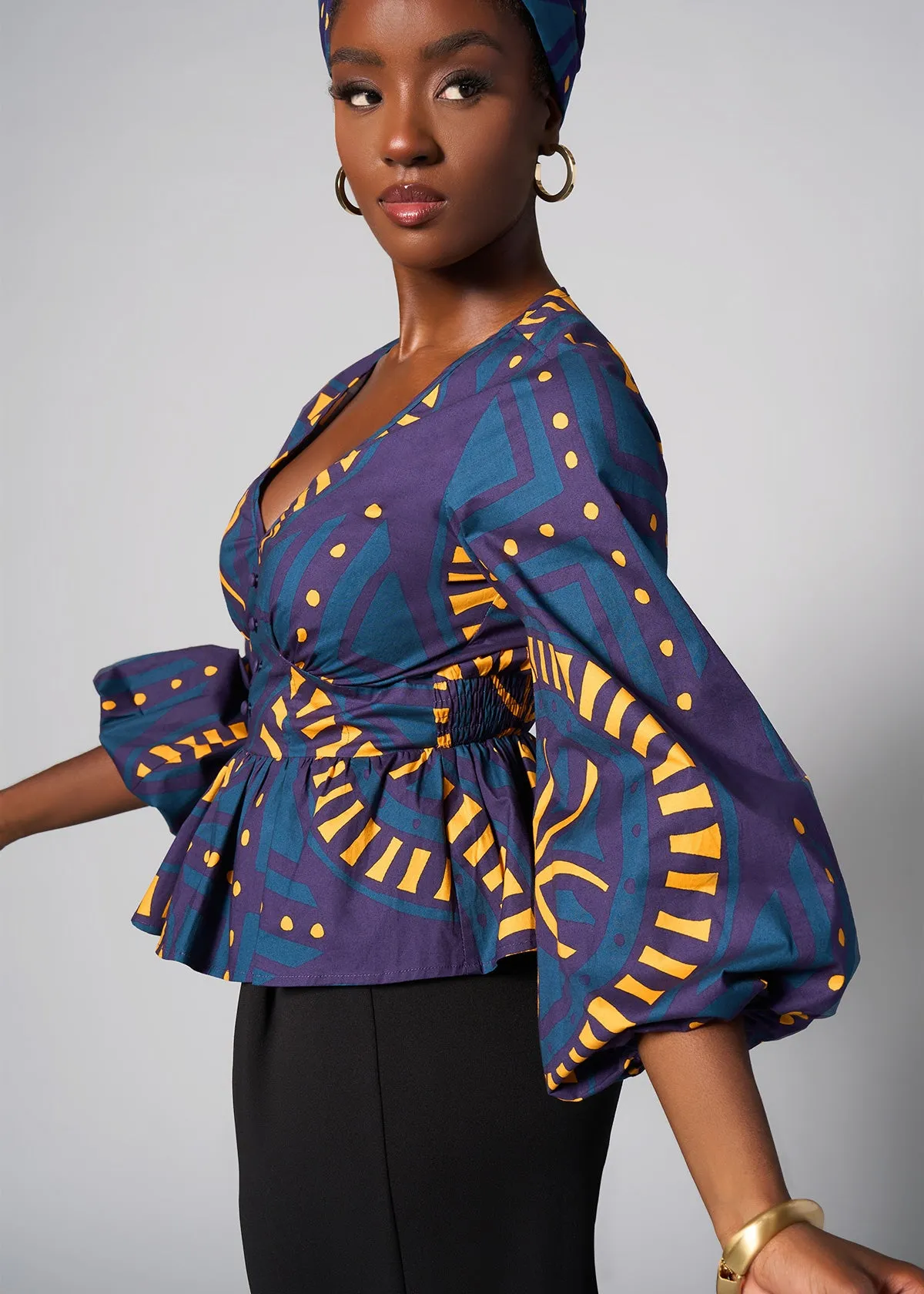 Imudara Women's African Print Peplum Blouse (Teal Plum Tiles)