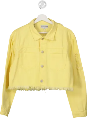 In The Style Yellow Frayed Hem Cropped Denim Jacket UK 8