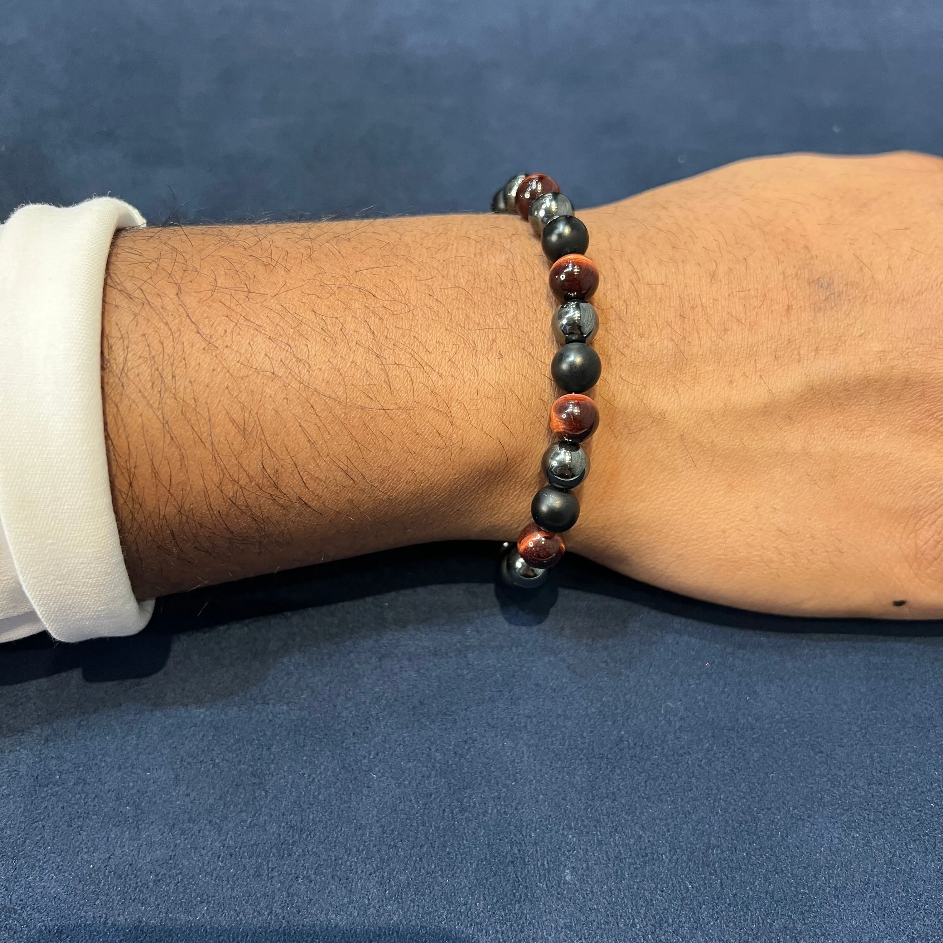 Italgem Red Tiger's Eye, Black Hematite and Black Matte Onyx Beaded Stretch Bracelet