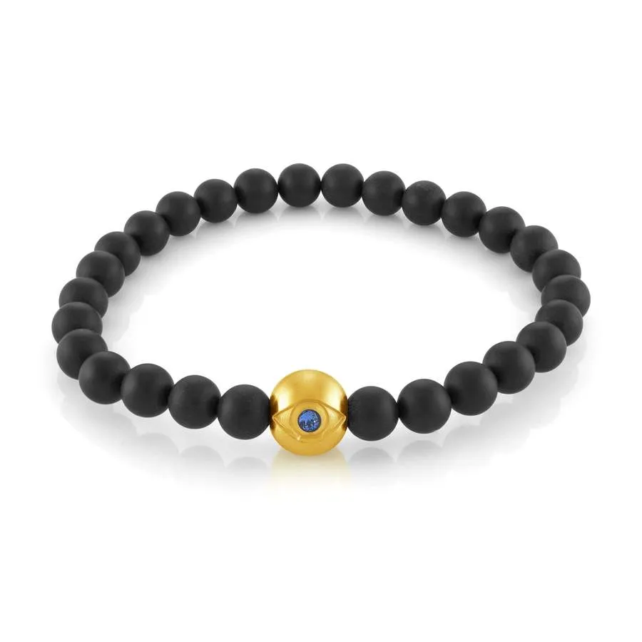 Italgem Stainless Steel Gold Plated Evil Eye with Matte Black Onyx Beaded Bracelet