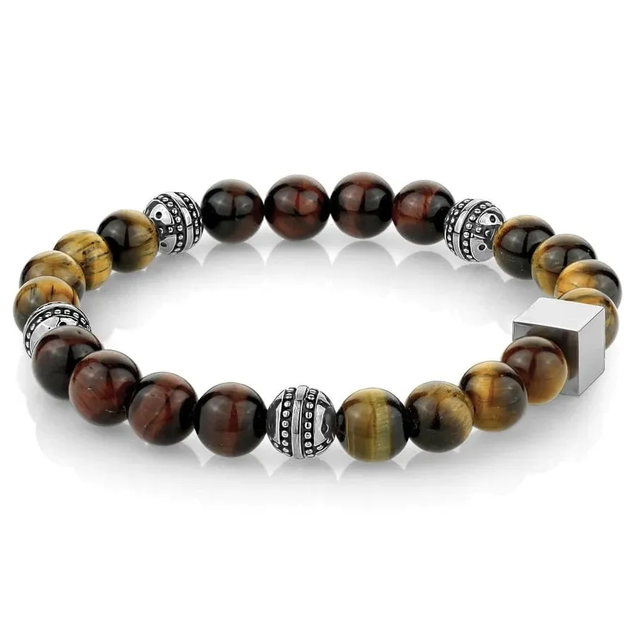 Italgem Stainless Steel Gunmetal Plated Beads with Yellow and Red Tigers Eye Beaded Bracelet