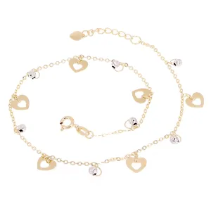 Italian 14k Two Tone Gold Heart & Ball Beads Charm Anklet Bracelet 10" 2.2 grams