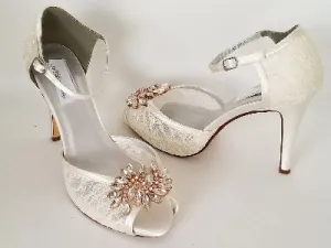 Ivory Lace Bridal Shoes with Rose Gold Applique