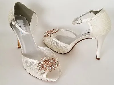 Ivory Lace Bridal Shoes with Rose Gold Applique