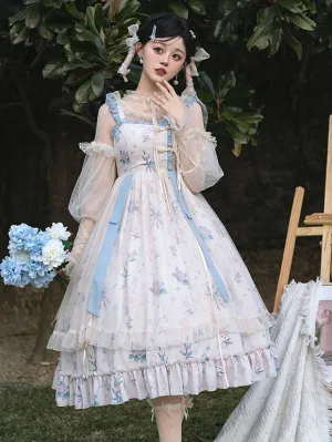 Japanese Style Lolita Costumes Lolita Dresses Polyester Ruffles Floral Print Chinese Style Sleeveless Ecru White