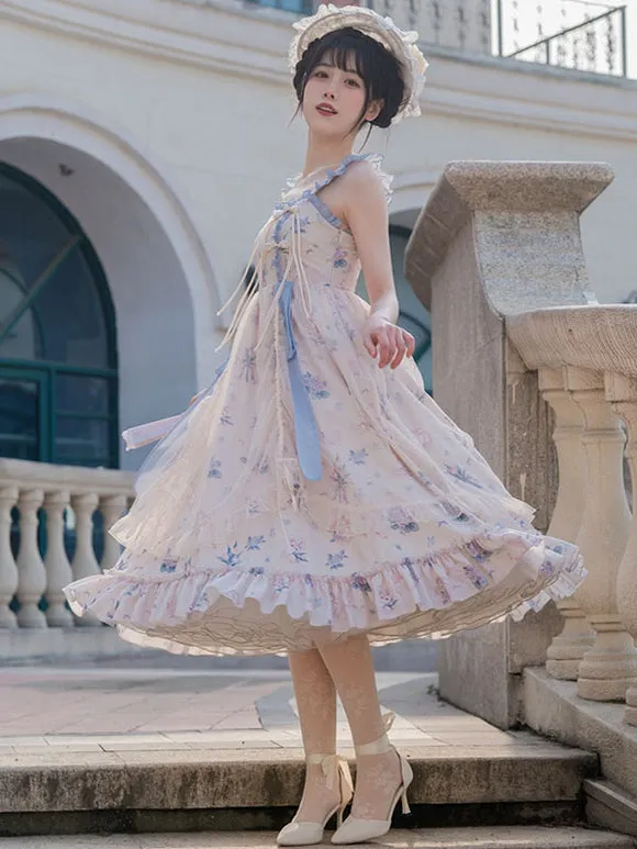 Japanese Style Lolita Costumes Lolita Dresses Polyester Ruffles Floral Print Chinese Style Sleeveless Ecru White
