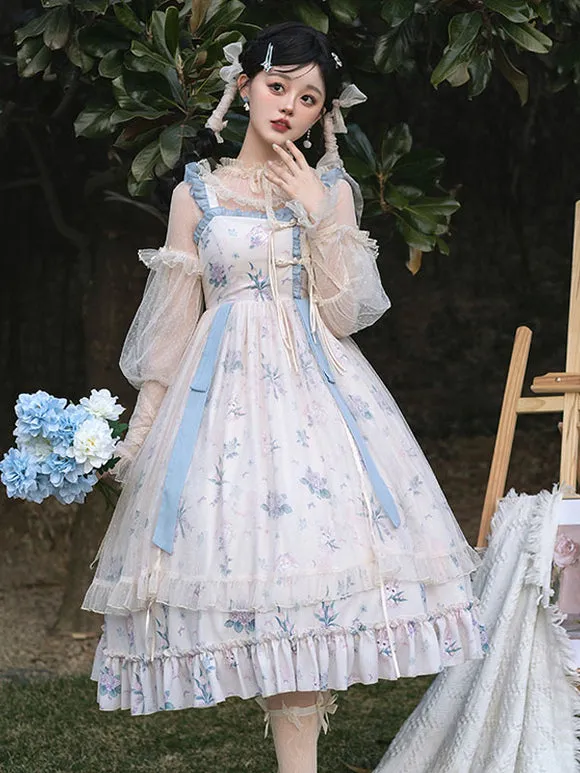 Japanese Style Lolita Costumes Lolita Dresses Polyester Ruffles Floral Print Chinese Style Sleeveless Ecru White