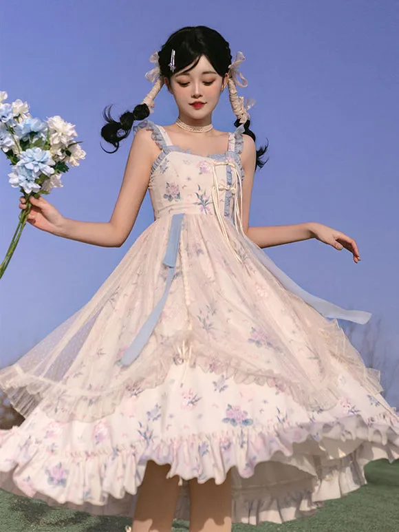 Japanese Style Lolita Costumes Lolita Dresses Polyester Ruffles Floral Print Chinese Style Sleeveless Ecru White