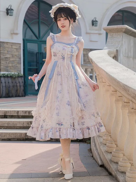 Japanese Style Lolita Costumes Lolita Dresses Polyester Ruffles Floral Print Chinese Style Sleeveless Ecru White