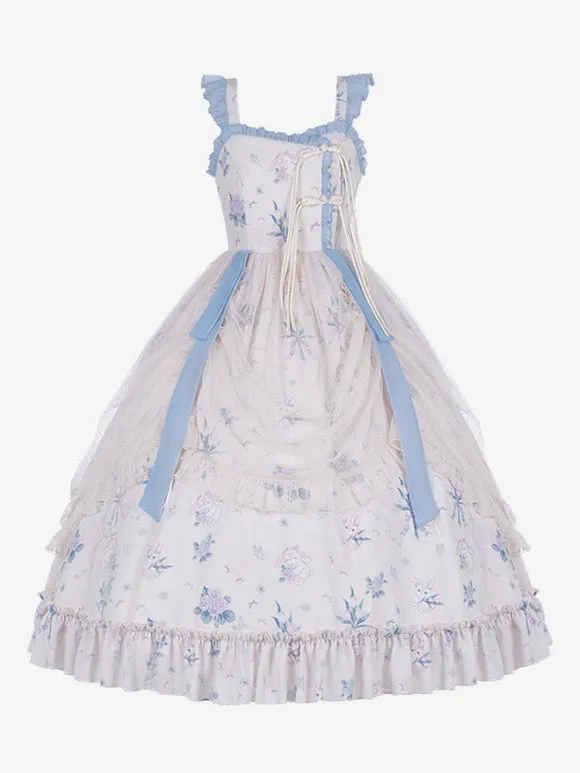 Japanese Style Lolita Costumes Lolita Dresses Polyester Ruffles Floral Print Chinese Style Sleeveless Ecru White