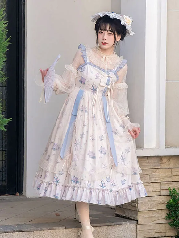 Japanese Style Lolita Costumes Lolita Dresses Polyester Ruffles Floral Print Chinese Style Sleeveless Ecru White