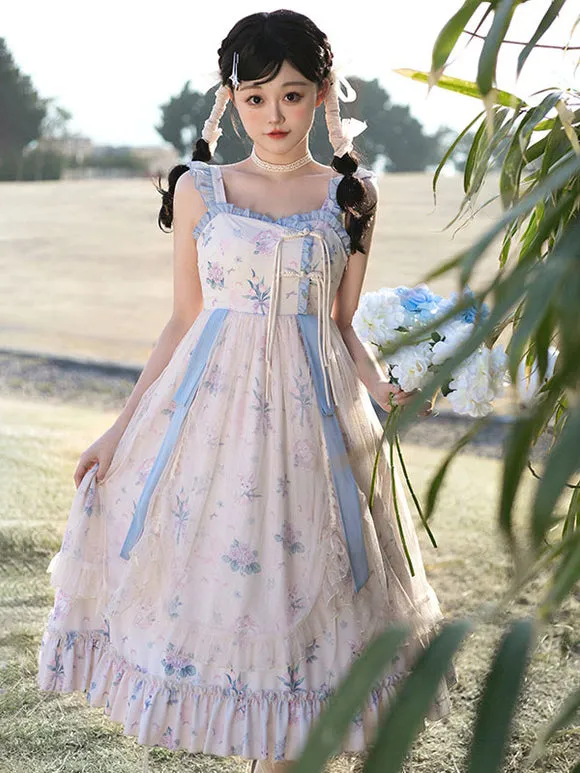 Japanese Style Lolita Costumes Lolita Dresses Polyester Ruffles Floral Print Chinese Style Sleeveless Ecru White