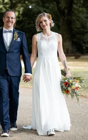 Jewel A-Line Chiffon Vintage Wedding Dress Sleeveless With Sweep Train-716593
