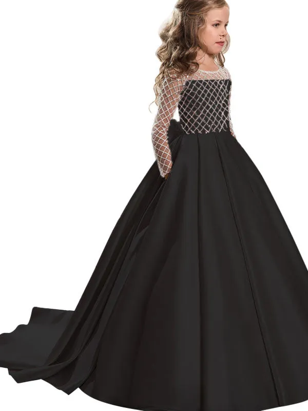 Jewel Neck Long Sleeves Buttons Formal Kids Pageant flower girl dresses