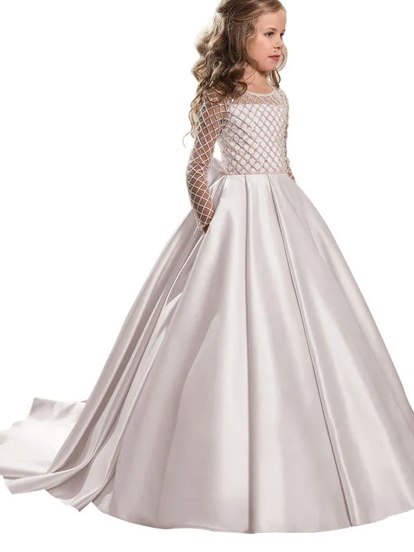 Jewel Neck Long Sleeves Buttons Formal Kids Pageant flower girl dresses