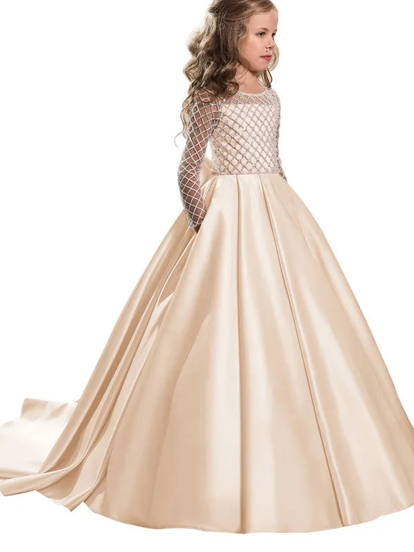 Jewel Neck Long Sleeves Buttons Formal Kids Pageant flower girl dresses