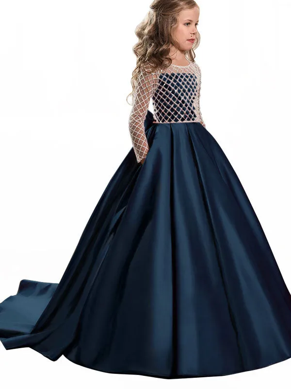 Jewel Neck Long Sleeves Buttons Formal Kids Pageant flower girl dresses