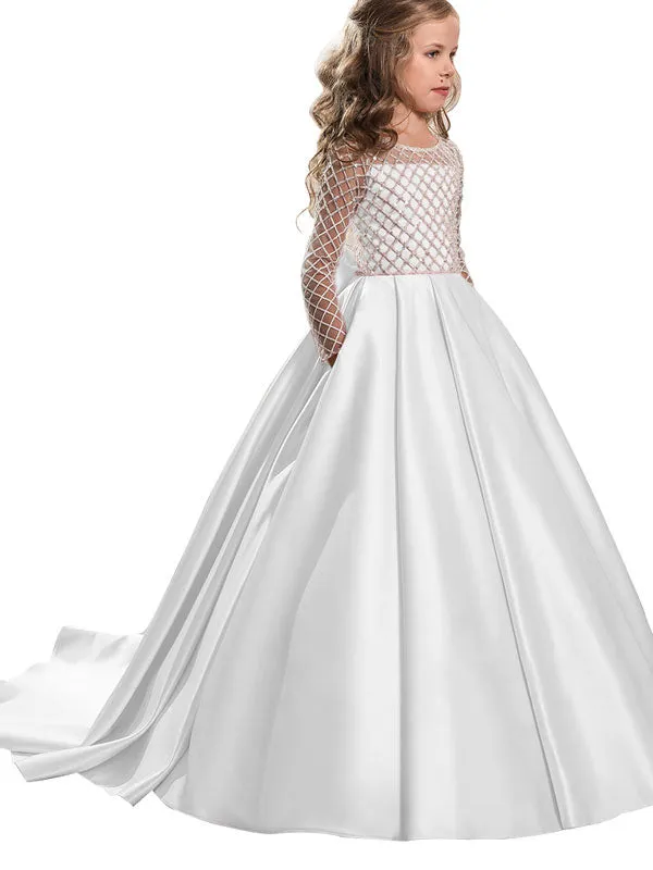 Jewel Neck Long Sleeves Buttons Formal Kids Pageant flower girl dresses