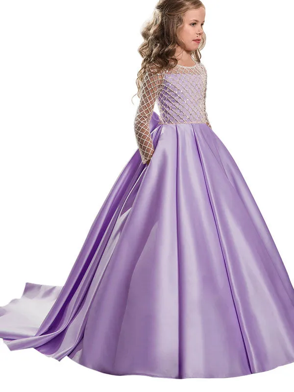 Jewel Neck Long Sleeves Buttons Formal Kids Pageant flower girl dresses