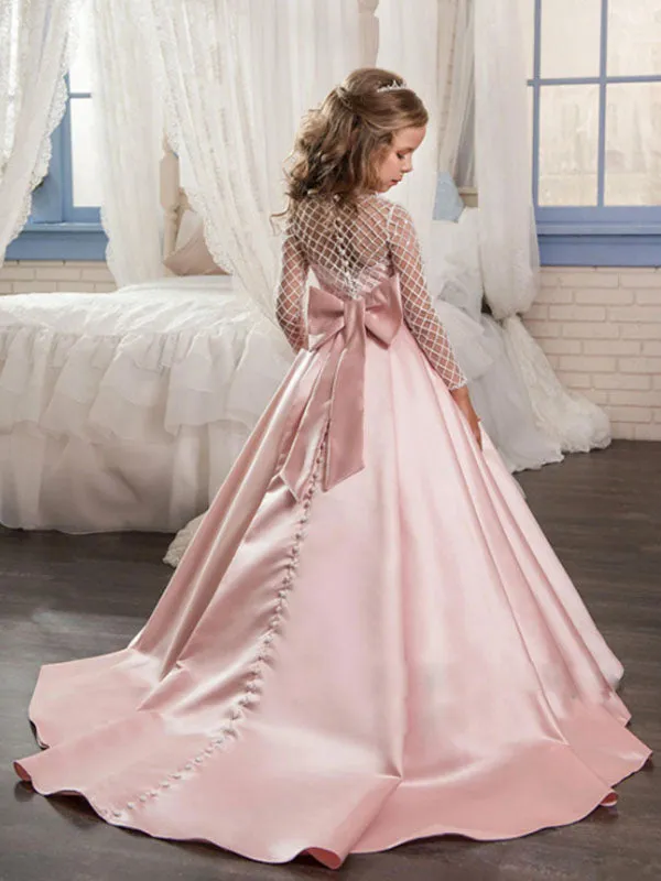 Jewel Neck Long Sleeves Buttons Formal Kids Pageant flower girl dresses