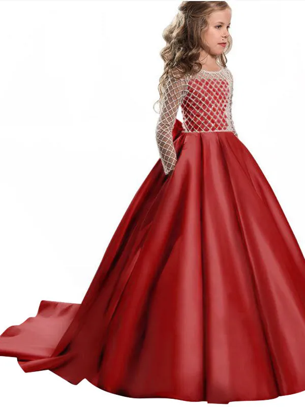 Jewel Neck Long Sleeves Buttons Formal Kids Pageant flower girl dresses