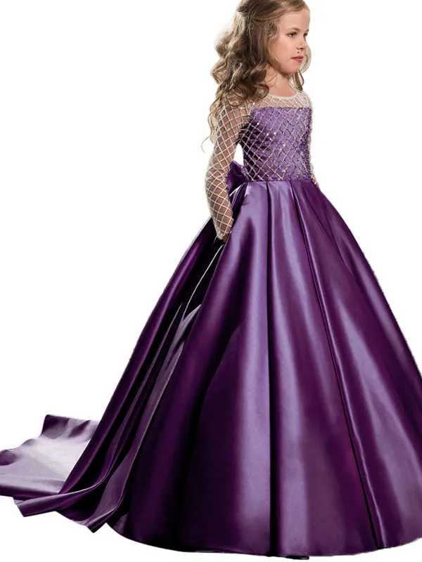 Jewel Neck Long Sleeves Buttons Formal Kids Pageant flower girl dresses