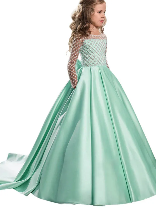 Jewel Neck Long Sleeves Buttons Formal Kids Pageant flower girl dresses