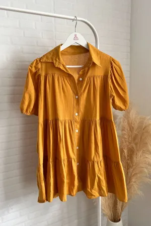 JULES Button-down Tiered Mini Dress (Saffron Yellow)