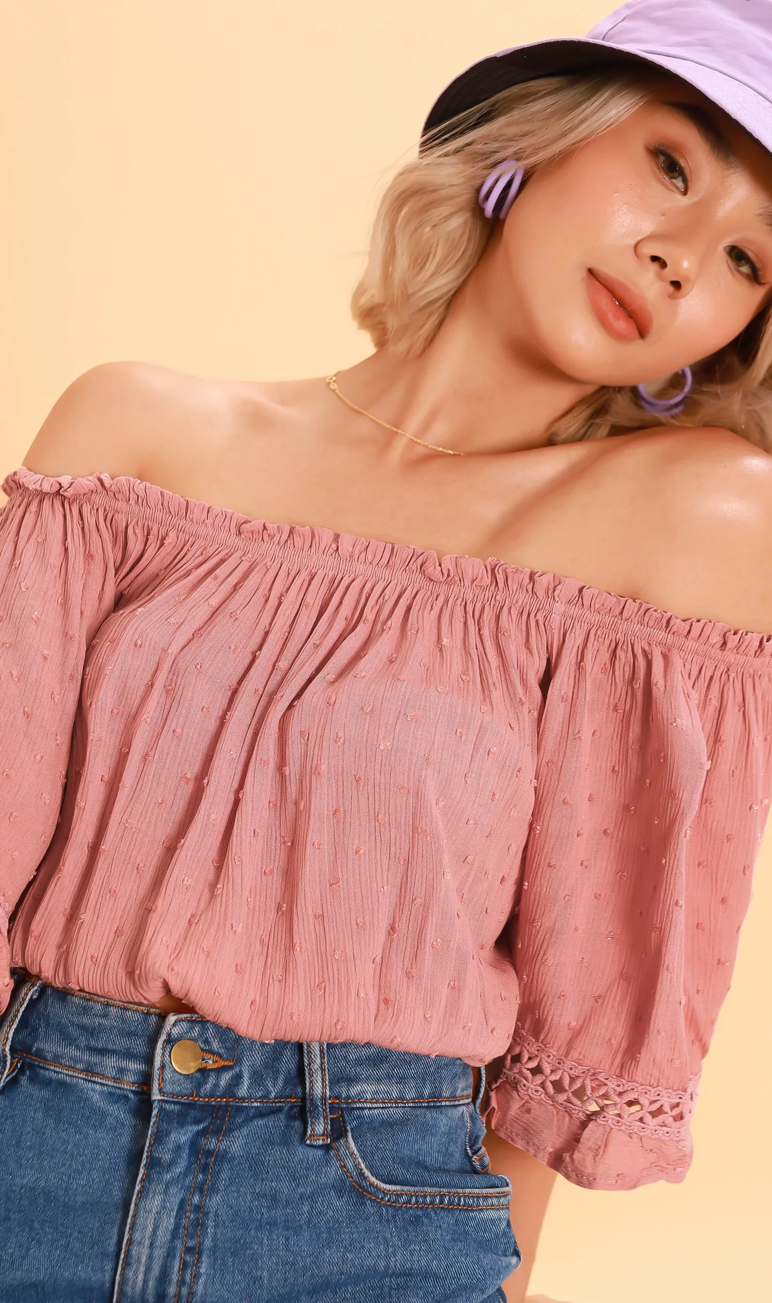 JULIEN Flared-Sleeve Off-Shoulder Top (Dusty Pink)