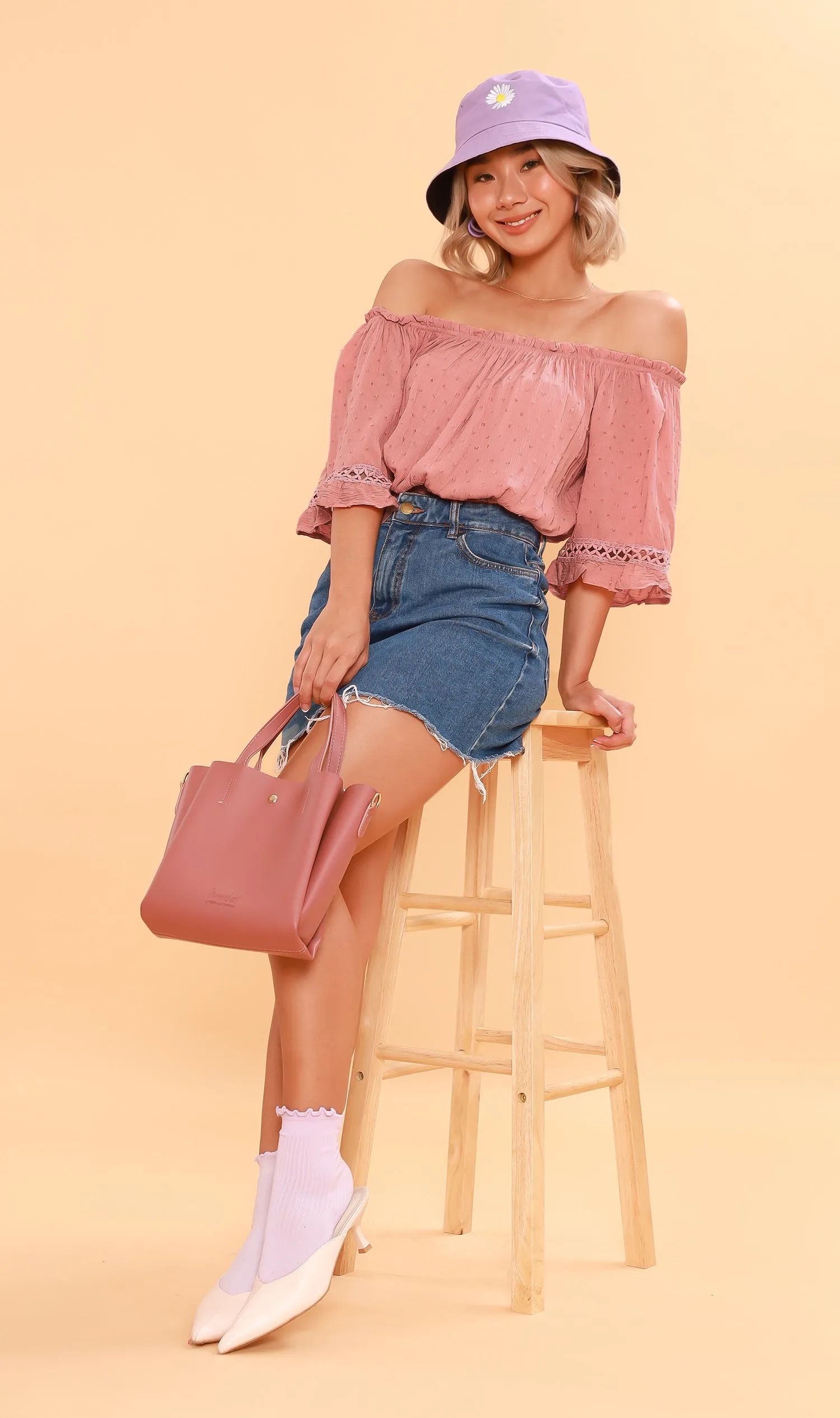 JULIEN Flared-Sleeve Off-Shoulder Top (Dusty Pink)