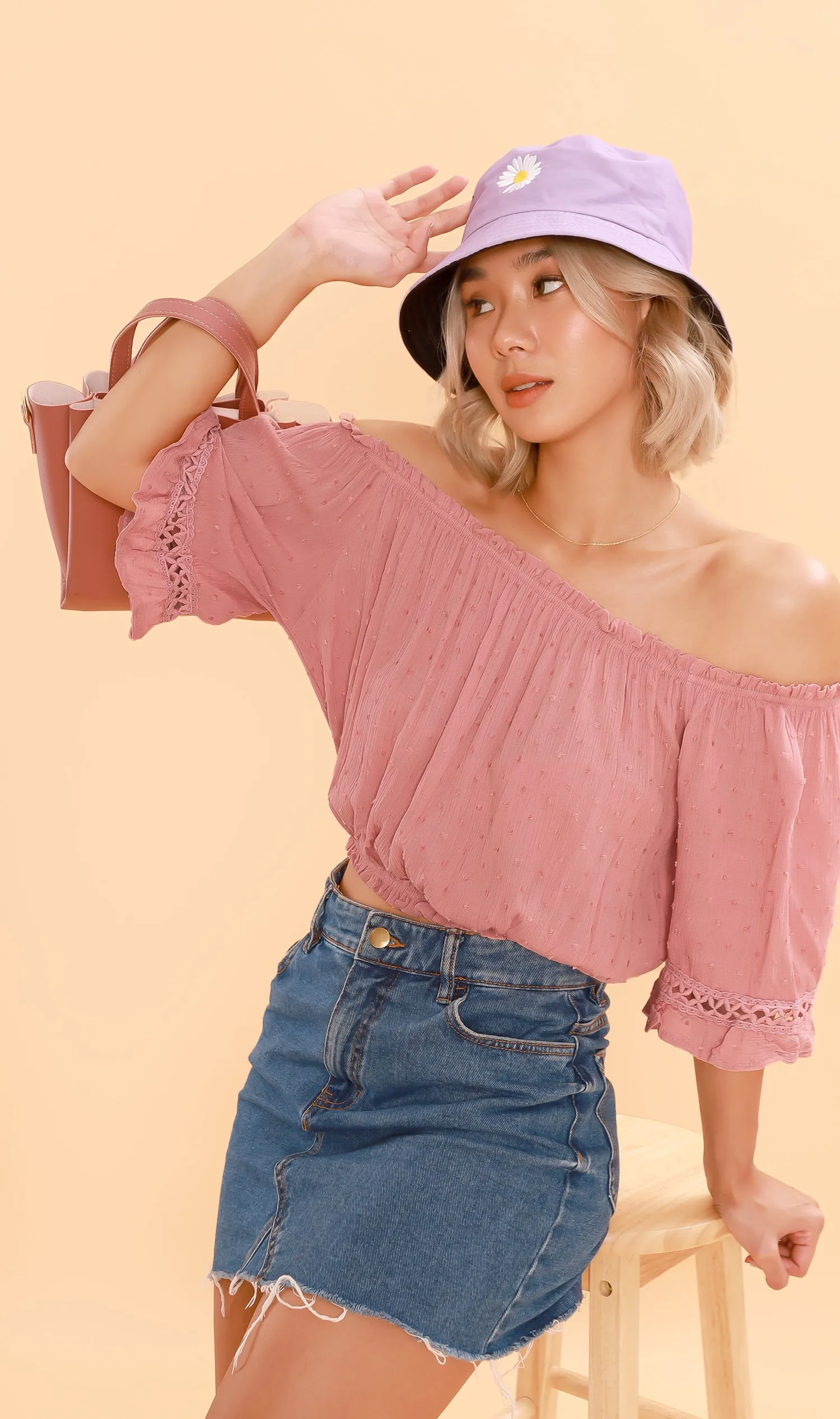 JULIEN Flared-Sleeve Off-Shoulder Top (Dusty Pink)