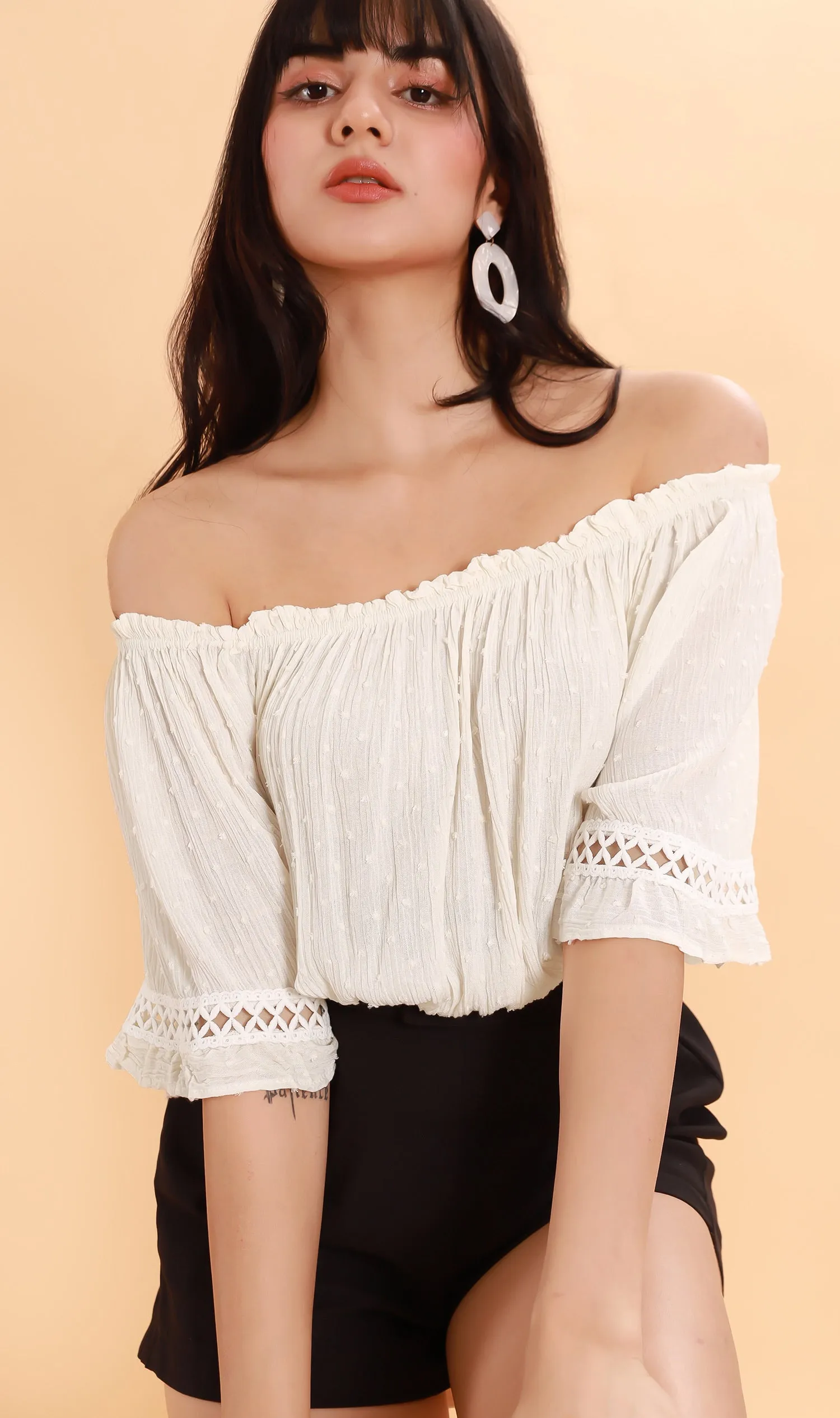 JULIEN Flared-Sleeve Off-Shoulder Top (White)