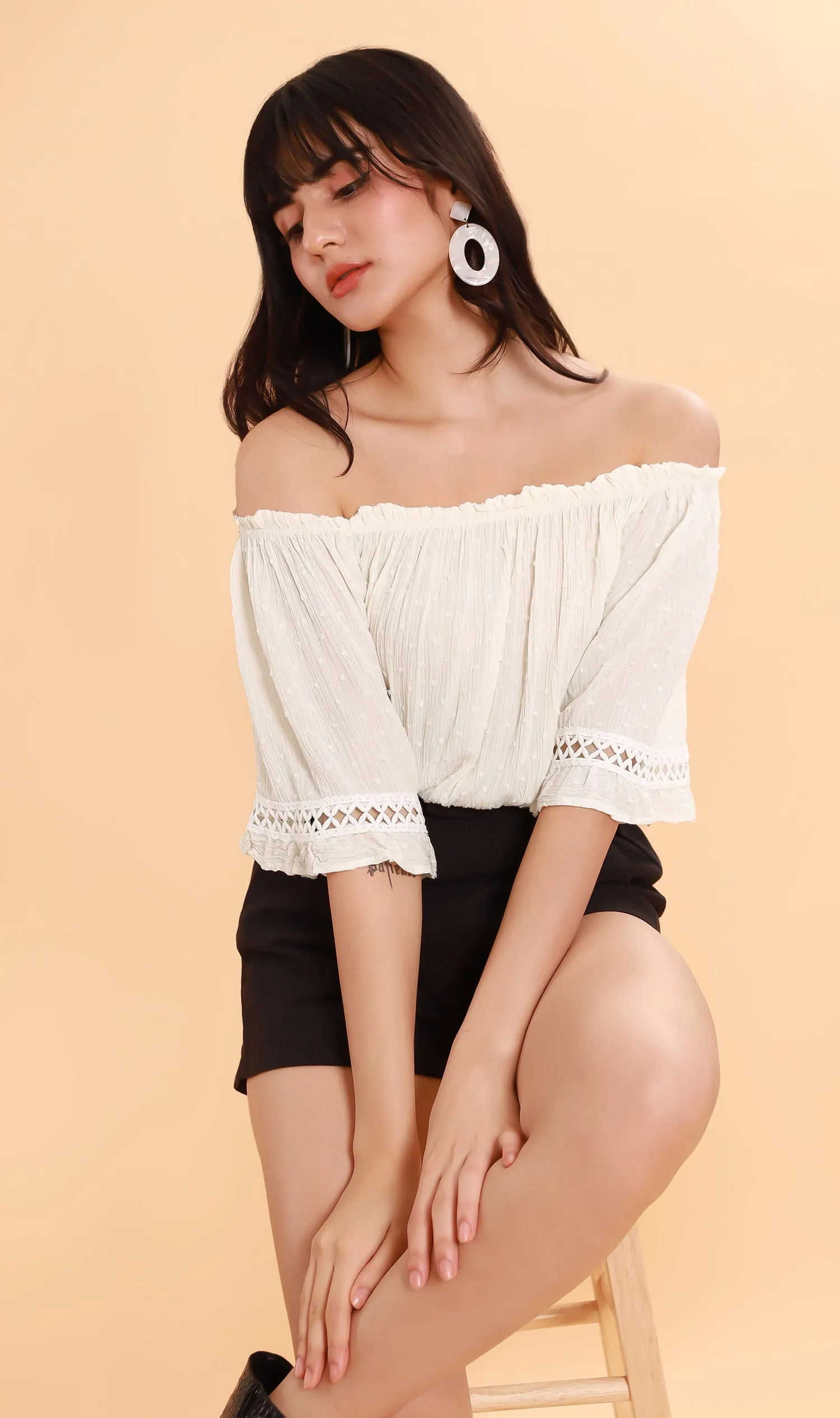 JULIEN Flared-Sleeve Off-Shoulder Top (White)