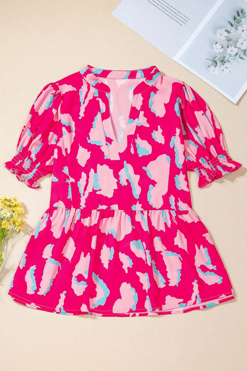 Kiara Peplum Printed Notched Short Sleeve Blouse