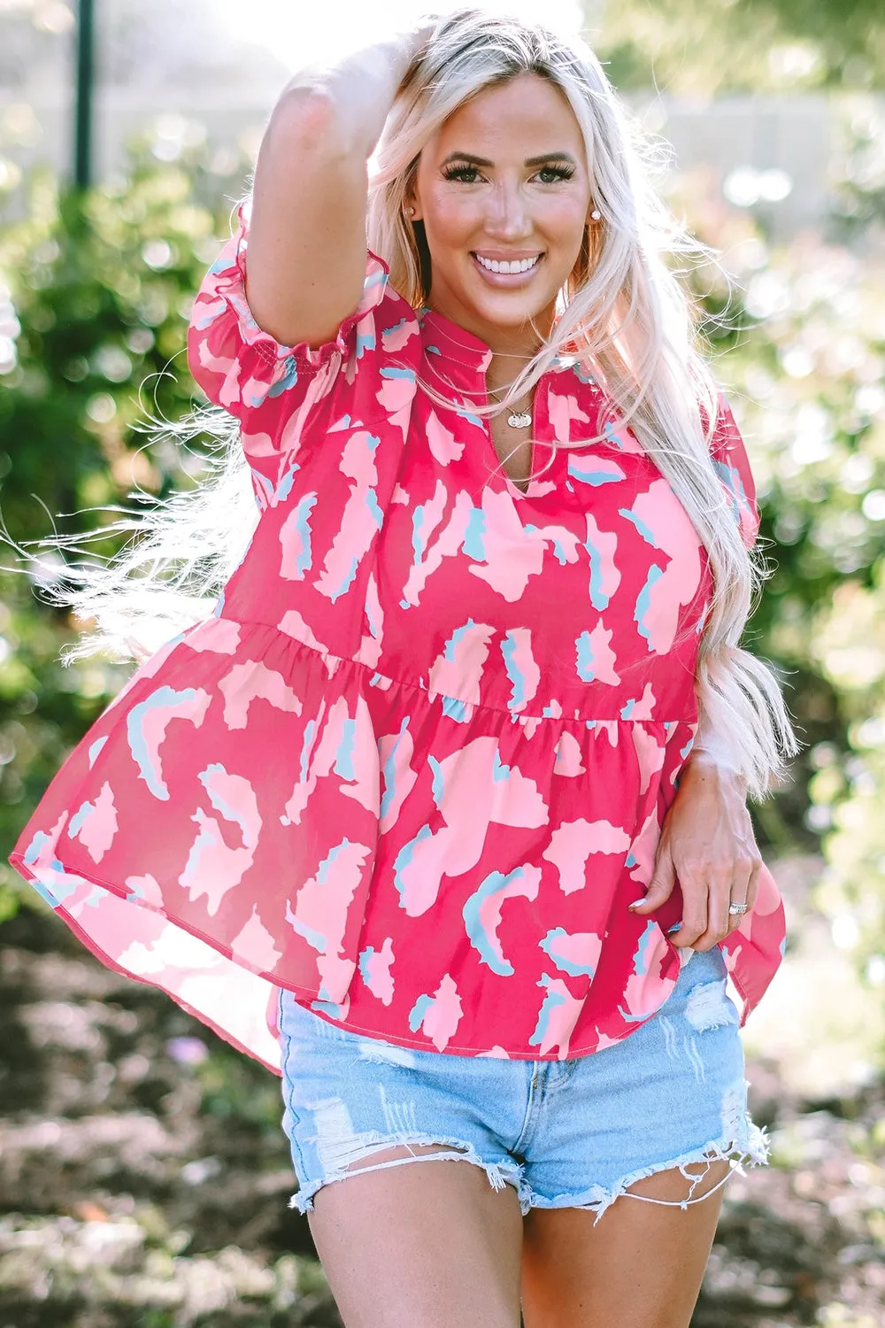 Kiara Peplum Printed Notched Short Sleeve Blouse