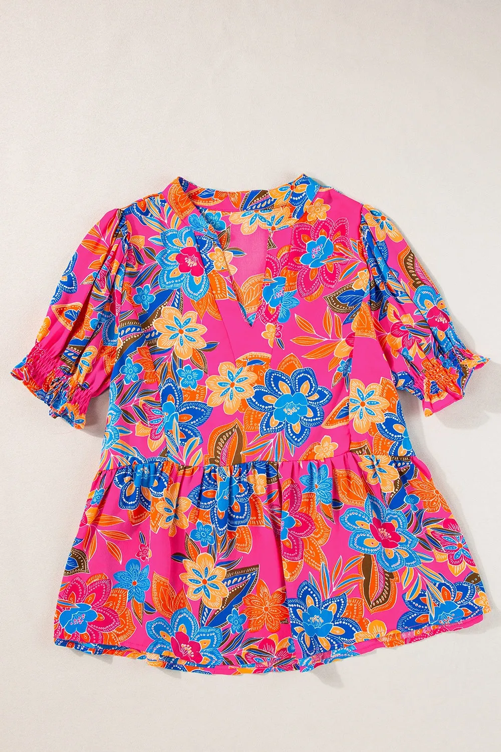 Kiara Peplum Printed Notched Short Sleeve Blouse
