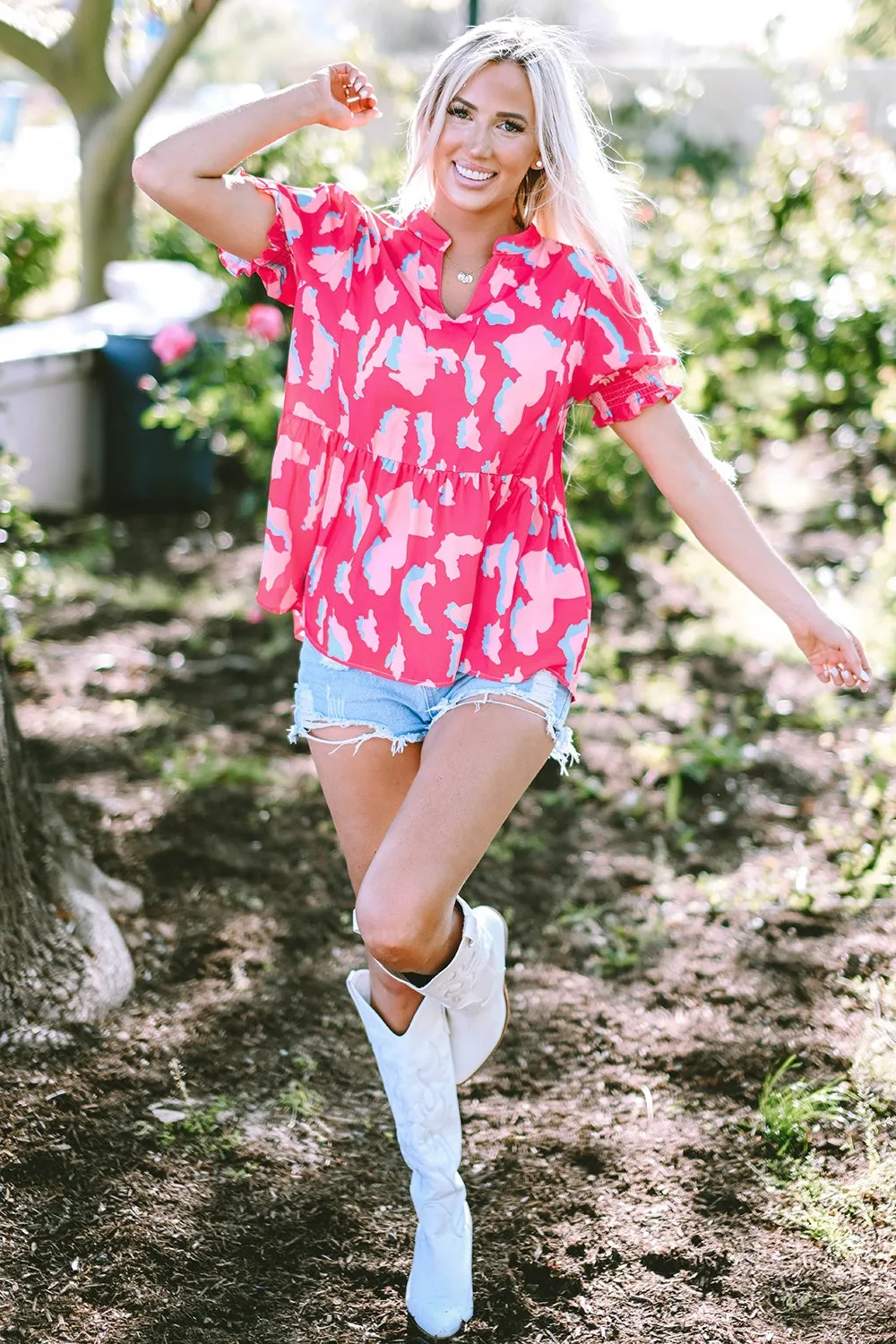Kiara Peplum Printed Notched Short Sleeve Blouse
