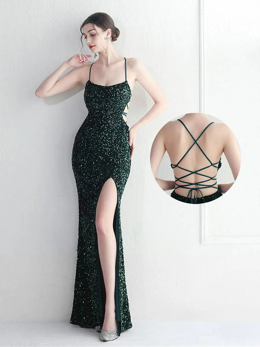 Lace Back Split Sequin Spaghetti Cocktail Dress MYC2004
