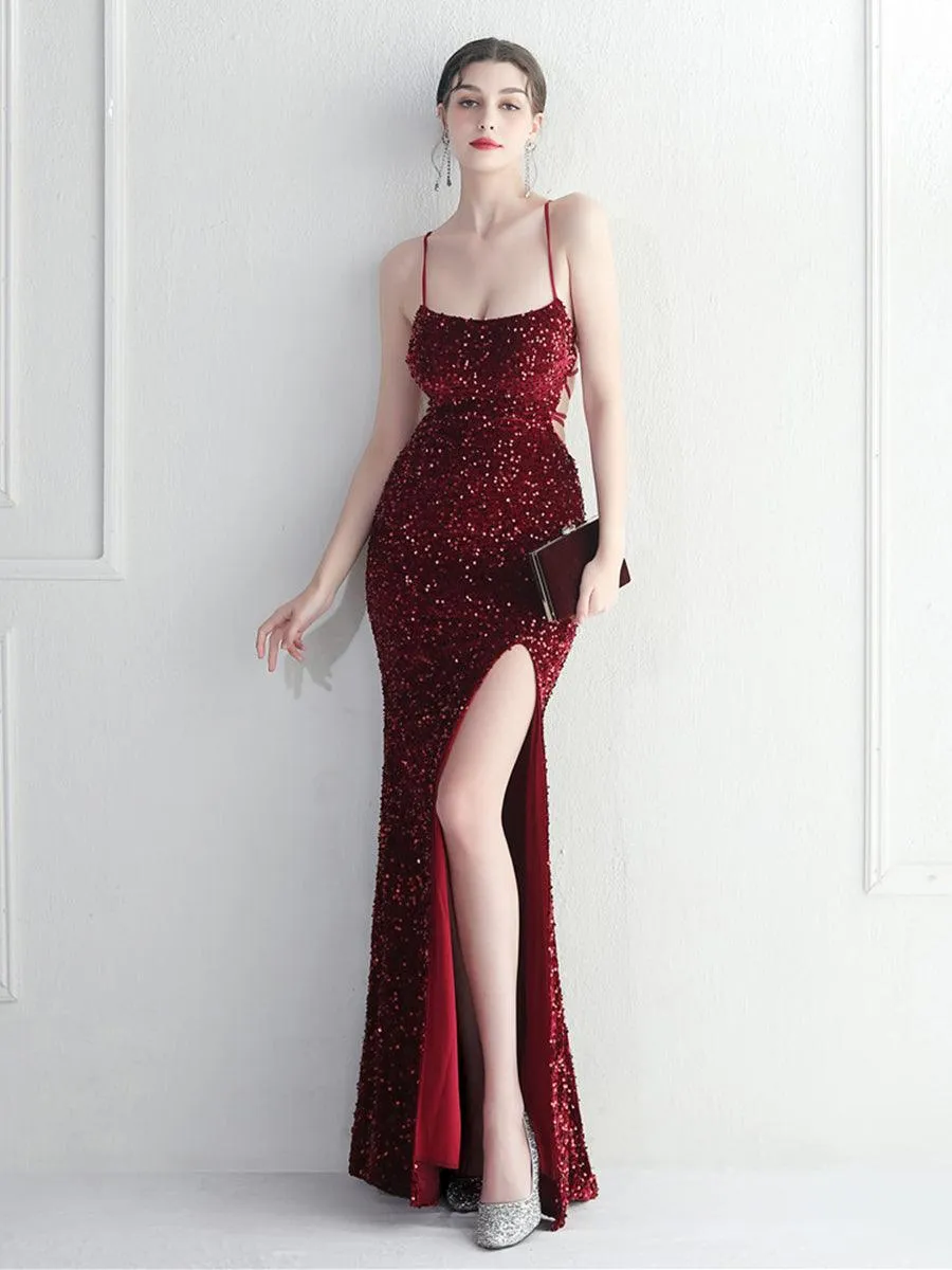 Lace Back Split Sequin Spaghetti Cocktail Dress MYC2004