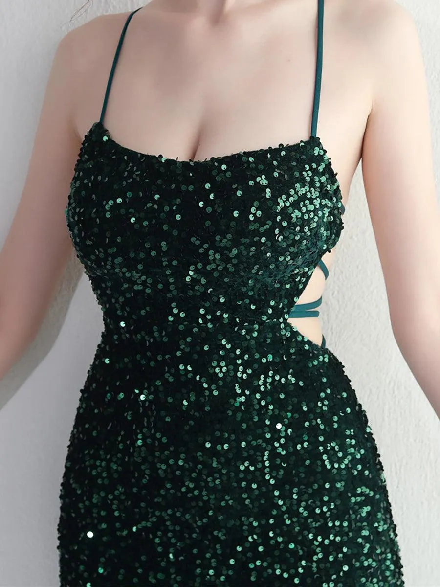 Lace Back Split Sequin Spaghetti Cocktail Dress MYC2004
