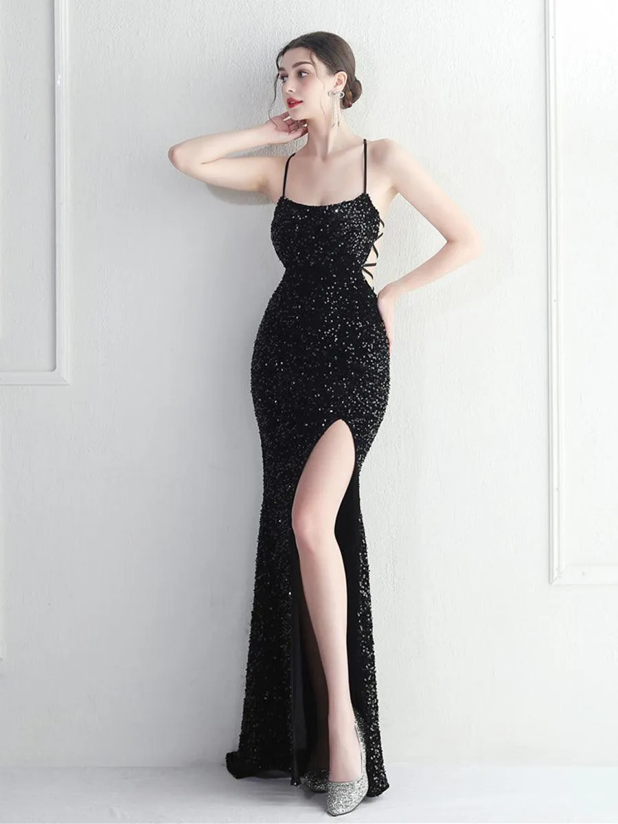 Lace Back Split Sequin Spaghetti Cocktail Dress MYC2004